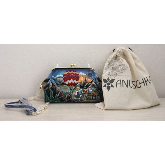 Anuschka Hot Air Balloon Hand-Painted Leather Kiss Lock Clutch Crossbody Bag - Picture 1 of 11